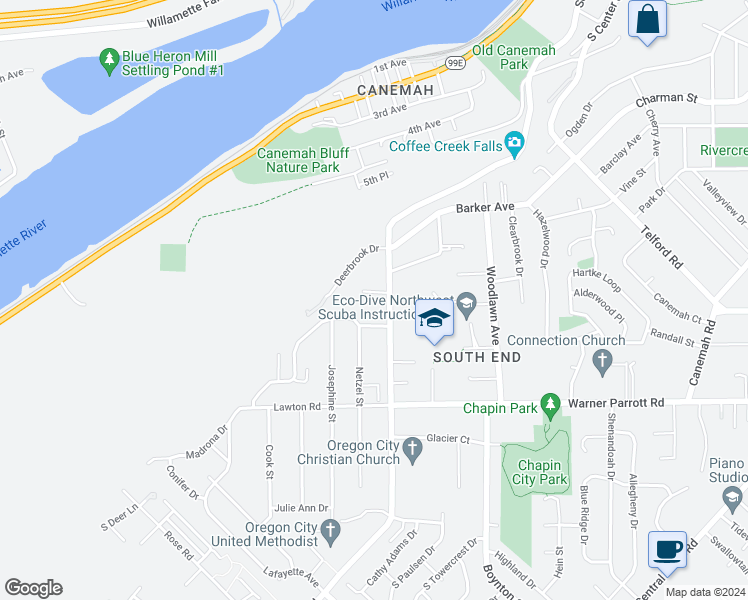 map of restaurants, bars, coffee shops, grocery stores, and more near 104 Pinewood Court in Oregon City
