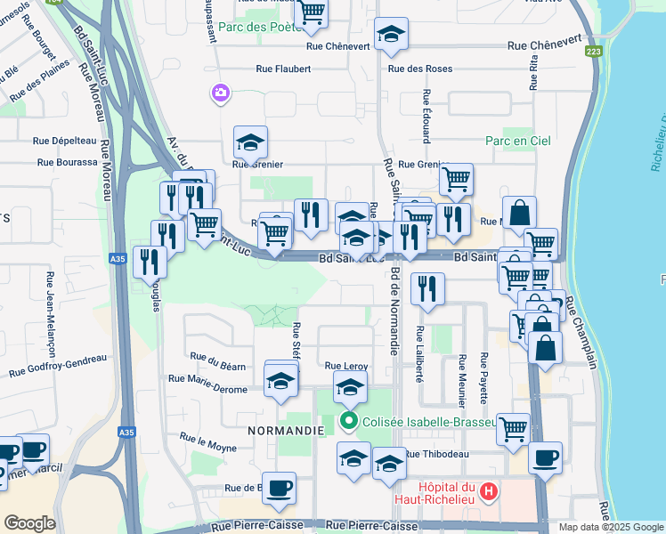 map of restaurants, bars, coffee shops, grocery stores, and more near 122 Boulevard Saint-Luc in Saint-Jean-sur-Richelieu