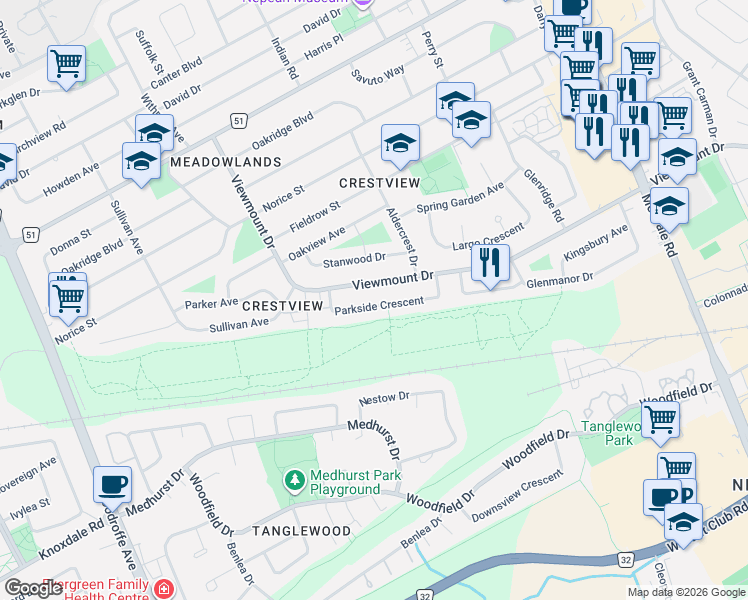 map of restaurants, bars, coffee shops, grocery stores, and more near 23 Parkside Crescent in Ottawa