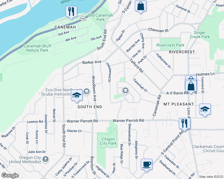 map of restaurants, bars, coffee shops, grocery stores, and more near 965 Hazelwood Drive in Oregon City