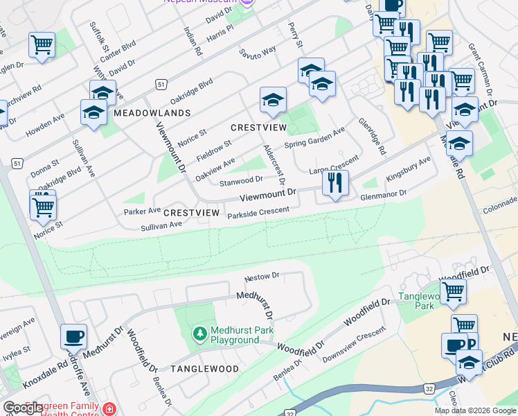 map of restaurants, bars, coffee shops, grocery stores, and more near 23 Parkside Crescent in Ottawa