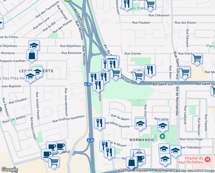 map of restaurants, bars, coffee shops, grocery stores, and more near 1305 Rue Douglas in Saint-Jean-sur-Richelieu