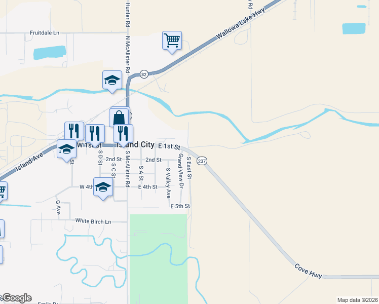 map of restaurants, bars, coffee shops, grocery stores, and more near 63401 Cove Highway in La Grande