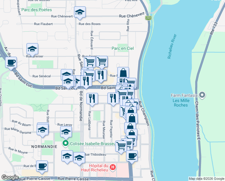 map of restaurants, bars, coffee shops, grocery stores, and more near 52 Boulevard Saint-Luc in Saint-Jean-sur-Richelieu