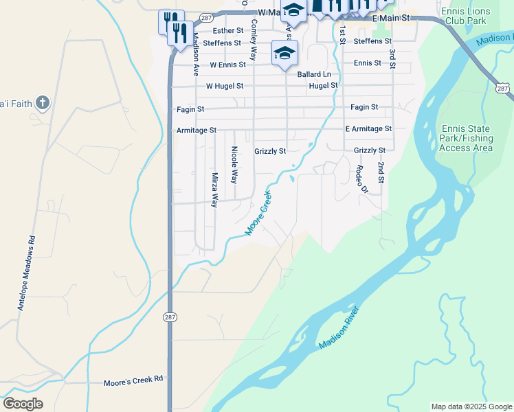 map of restaurants, bars, coffee shops, grocery stores, and more near 116 Moores Creek Road in Ennis