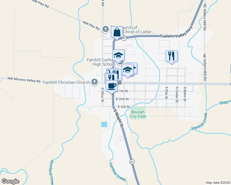 map of restaurants, bars, coffee shops, grocery stores, and more near 155 South Maple Street in Yamhill