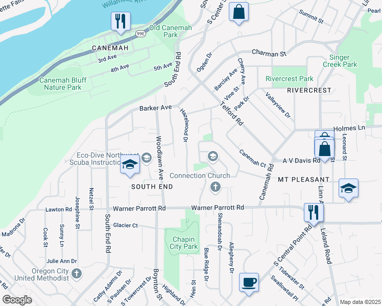 map of restaurants, bars, coffee shops, grocery stores, and more near 965 Hazelwood Drive in Oregon City