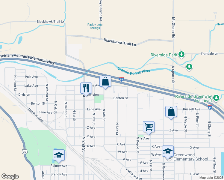 map of restaurants, bars, coffee shops, grocery stores, and more near 1008 Lake Avenue in La Grande