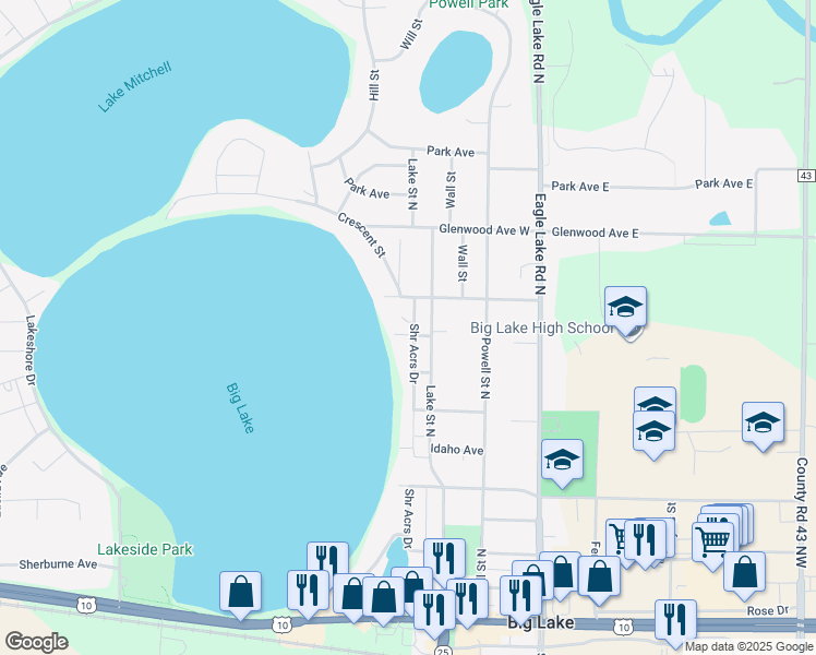 map of restaurants, bars, coffee shops, grocery stores, and more near 213 Oregon Avenue in Big Lake
