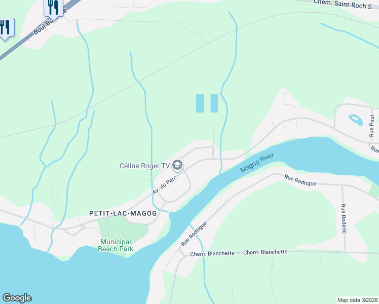 map of restaurants, bars, coffee shops, grocery stores, and more near Rue Régina-Gagnon in Sherbrooke