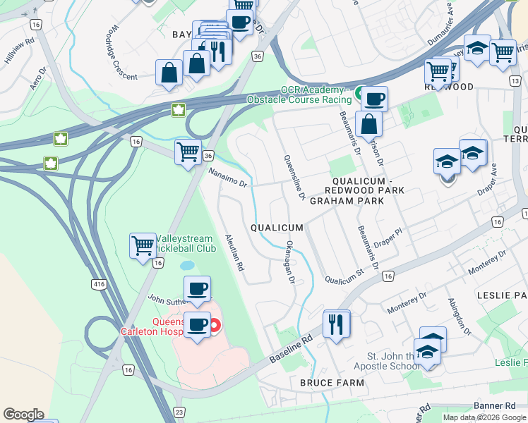 map of restaurants, bars, coffee shops, grocery stores, and more near 10 Kitimat Crescent in Ottawa