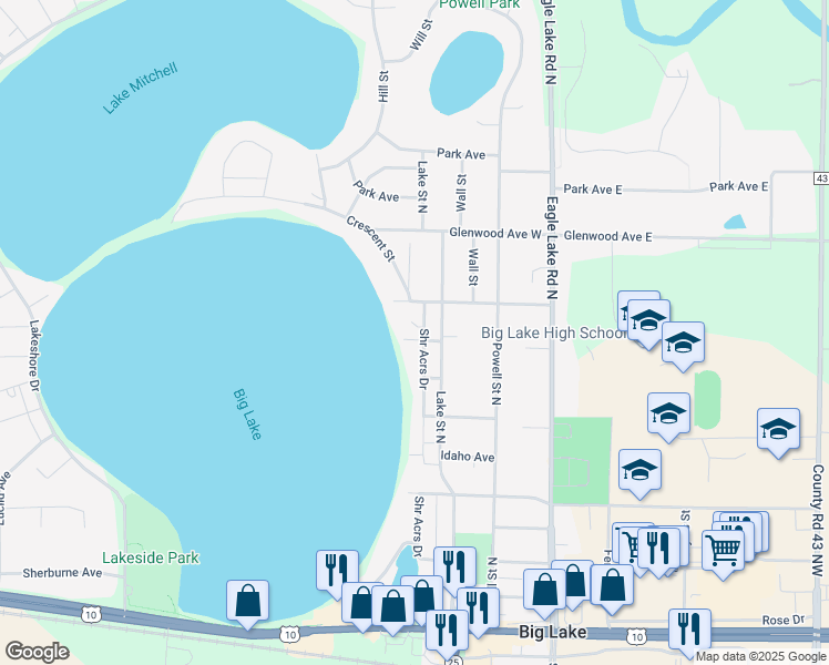 map of restaurants, bars, coffee shops, grocery stores, and more near 213 Oregon Avenue in Big Lake