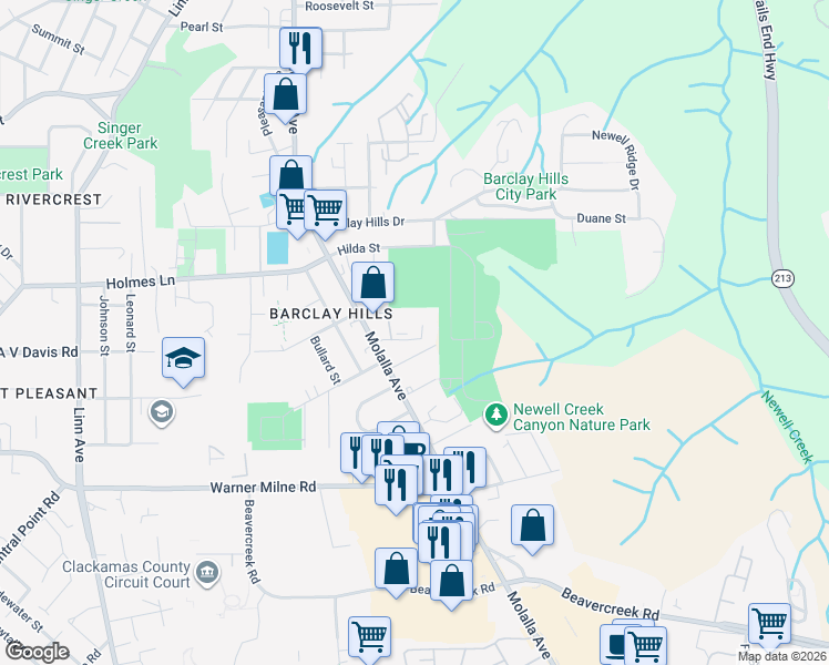 map of restaurants, bars, coffee shops, grocery stores, and more near 465 Harris Lane in Oregon City