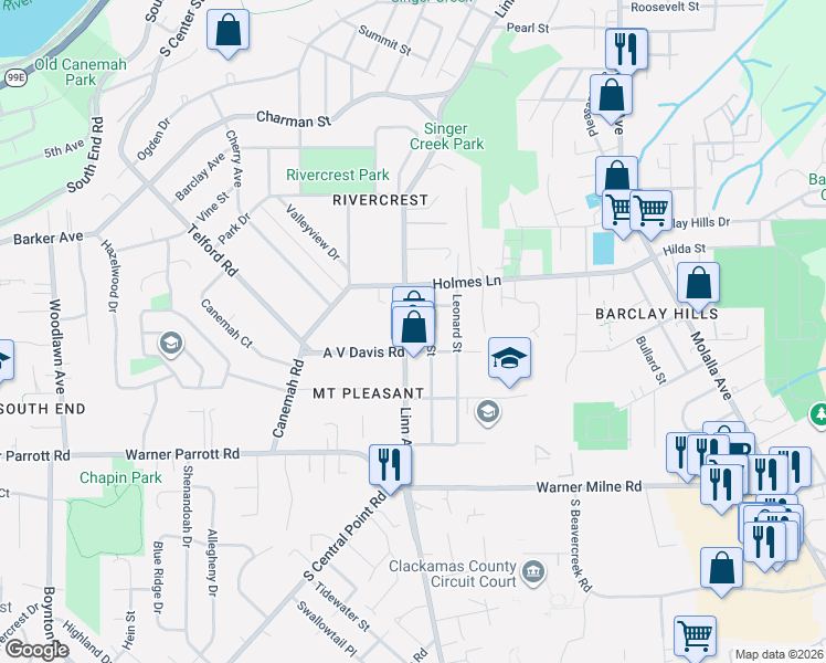 map of restaurants, bars, coffee shops, grocery stores, and more near 1019 Linn Avenue in Oregon City