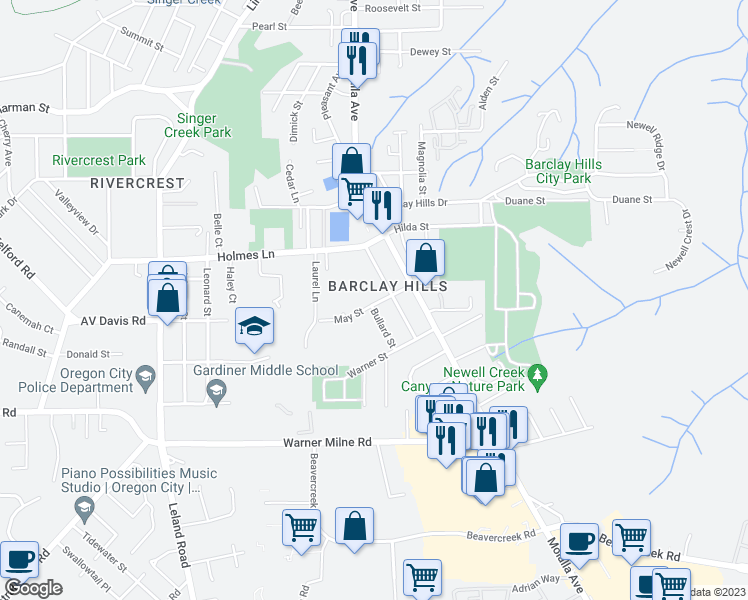 map of restaurants, bars, coffee shops, grocery stores, and more near 309 May Street in Oregon City