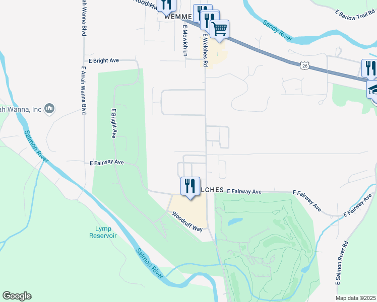 map of restaurants, bars, coffee shops, grocery stores, and more near 25297 East Welches Road in Mount Hood Village