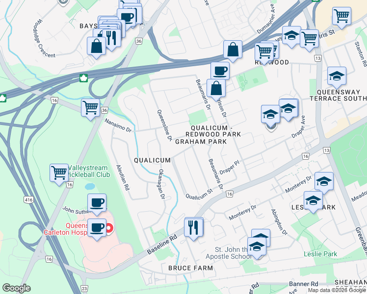 map of restaurants, bars, coffee shops, grocery stores, and more near 15 Esquimault Avenue in Ottawa