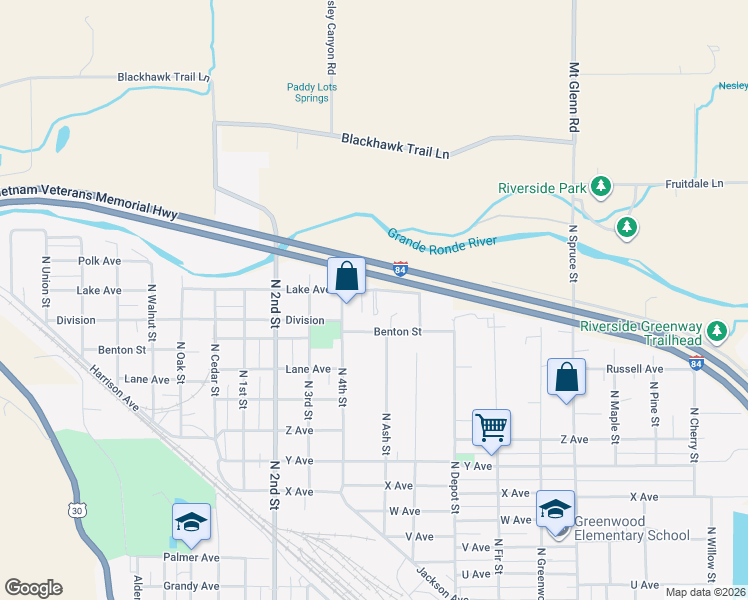 map of restaurants, bars, coffee shops, grocery stores, and more near 1008 Lake Avenue in La Grande