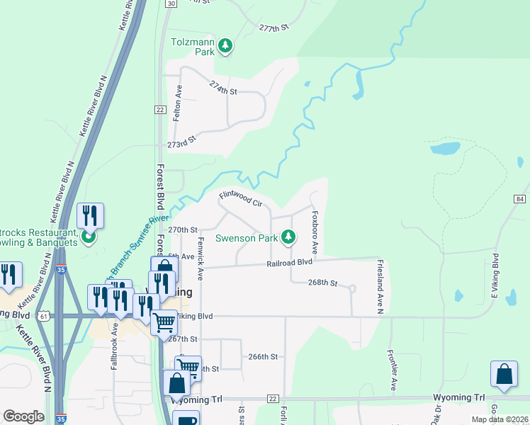 map of restaurants, bars, coffee shops, grocery stores, and more near 27020 Flintwood Circle in Wyoming