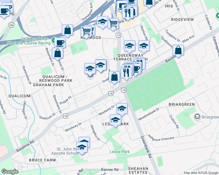 map of restaurants, bars, coffee shops, grocery stores, and more near 2640 Draper Avenue in Ottawa