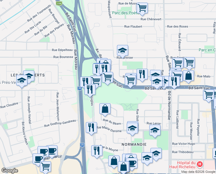 map of restaurants, bars, coffee shops, grocery stores, and more near 182 Boulevard Saint-Luc in Saint-Jean-sur-Richelieu