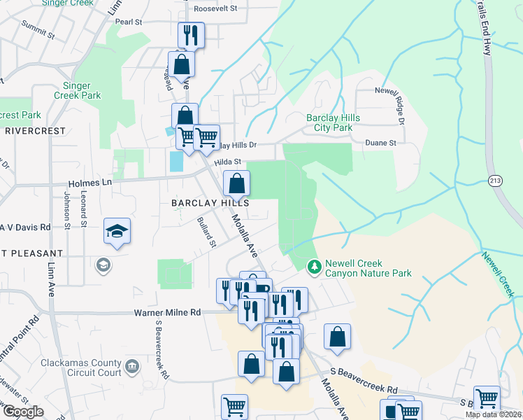 map of restaurants, bars, coffee shops, grocery stores, and more near 465 Harris Lane in Oregon City