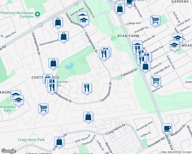 map of restaurants, bars, coffee shops, grocery stores, and more near 7 Castlebrook Lane in Ottawa