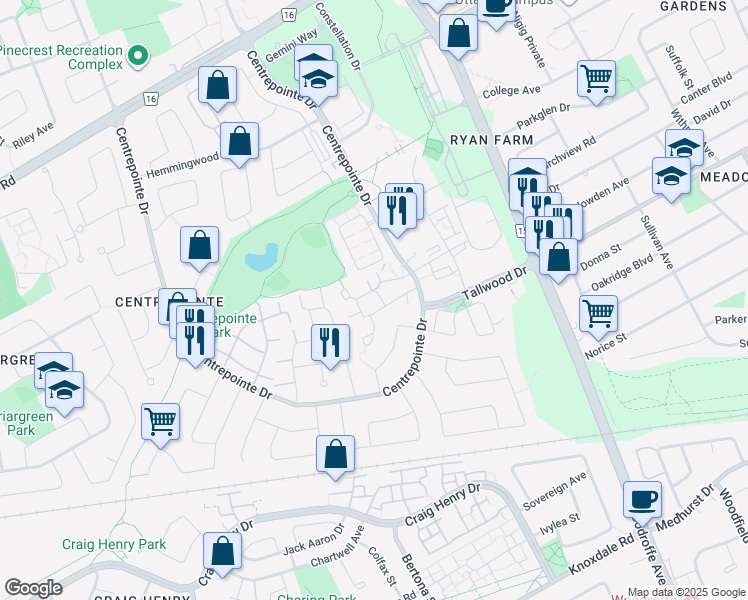 map of restaurants, bars, coffee shops, grocery stores, and more near 9 Castlebrook Lane in Ottawa