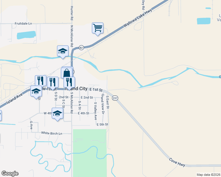 map of restaurants, bars, coffee shops, grocery stores, and more near 61993 Quail Road in La Grande