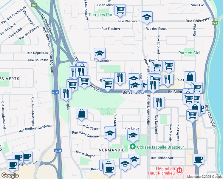 map of restaurants, bars, coffee shops, grocery stores, and more near 122 Boulevard Saint-Luc in Saint-Jean-sur-Richelieu