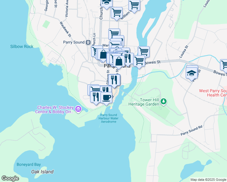 map of restaurants, bars, coffee shops, grocery stores, and more near 44 Bay Street in Baysville