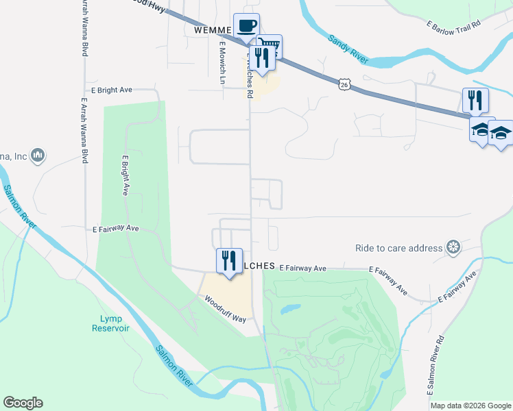 map of restaurants, bars, coffee shops, grocery stores, and more near 25222 East Welches Road in Mount Hood Village