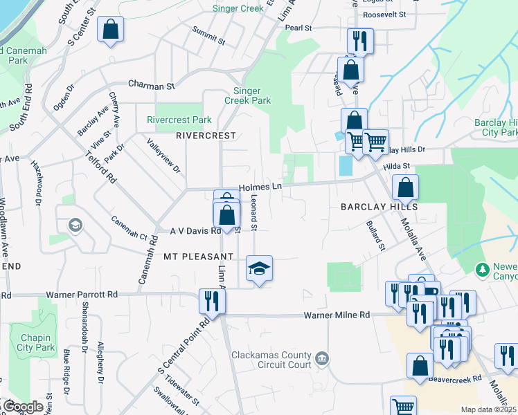 map of restaurants, bars, coffee shops, grocery stores, and more near 1025 Leonard Street in Oregon City