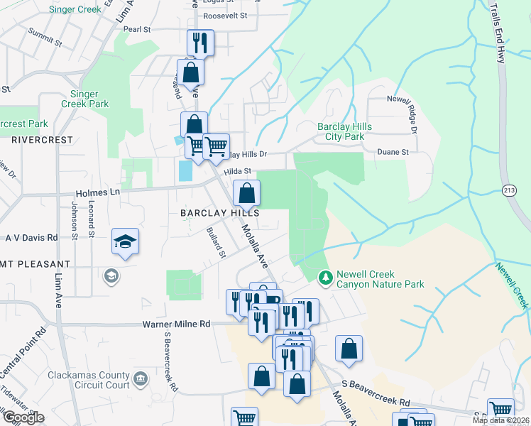 map of restaurants, bars, coffee shops, grocery stores, and more near 445 Harris Lane in Oregon City