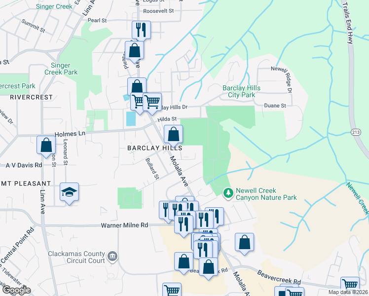 map of restaurants, bars, coffee shops, grocery stores, and more near 441 Harris Lane in Oregon City
