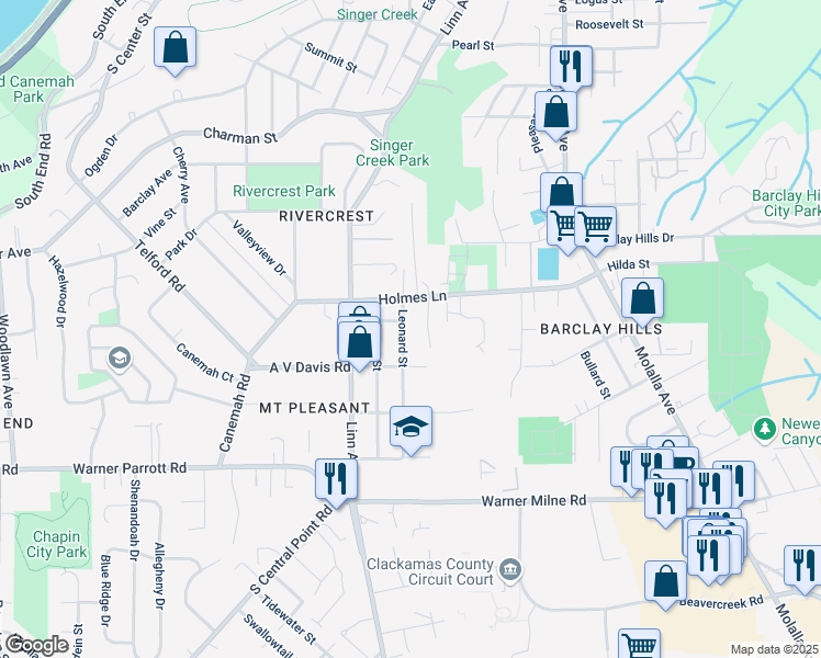 map of restaurants, bars, coffee shops, grocery stores, and more near 1025 Leonard Street in Oregon City