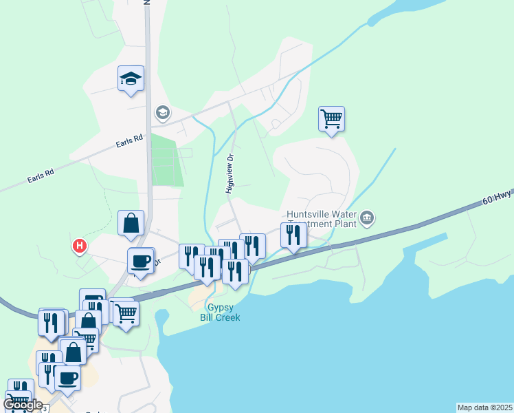 map of restaurants, bars, coffee shops, grocery stores, and more near 377 Highview Drive in Huntsville