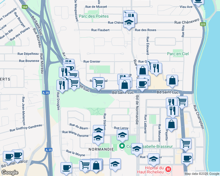 map of restaurants, bars, coffee shops, grocery stores, and more near 122-150 Boulevard Saint-Luc in Saint-Jean-sur-Richelieu