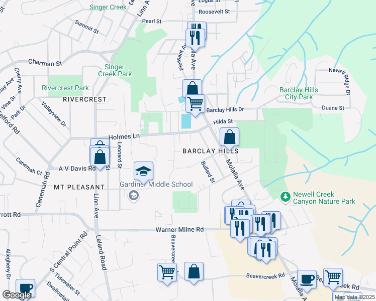map of restaurants, bars, coffee shops, grocery stores, and more near 595 May Street in Oregon City