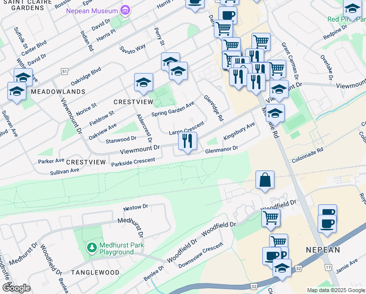 map of restaurants, bars, coffee shops, grocery stores, and more near 100 Viewmount Drive in Ottawa