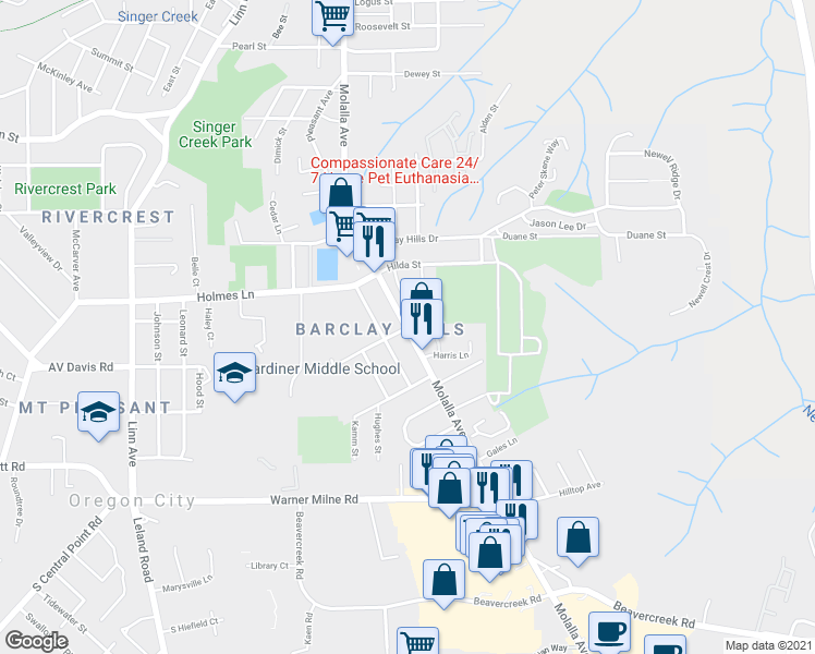 map of restaurants, bars, coffee shops, grocery stores, and more near Molalla Ave & May St in Oregon City