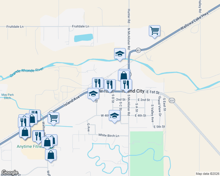 map of restaurants, bars, coffee shops, grocery stores, and more near 9th Street in La Grande