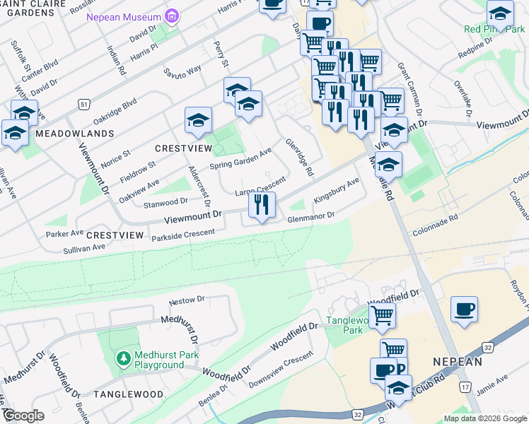 map of restaurants, bars, coffee shops, grocery stores, and more near 104 Viewmount Drive in Ottawa