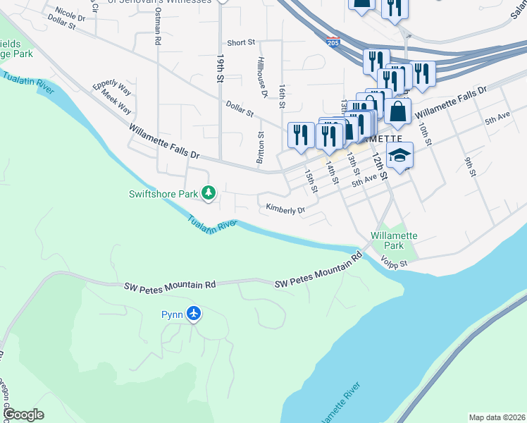 map of restaurants, bars, coffee shops, grocery stores, and more near 1327 Jay Court in West Linn