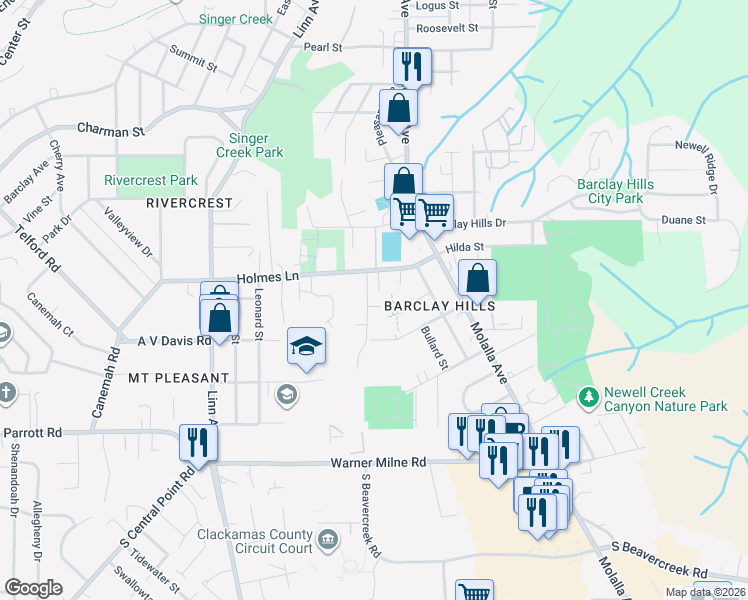 map of restaurants, bars, coffee shops, grocery stores, and more near 590 Holmes Lane in Oregon City