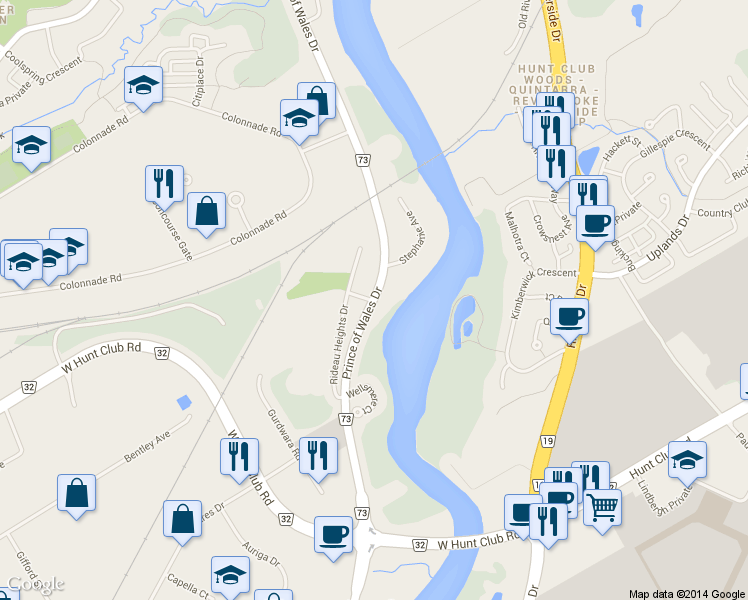 map of restaurants, bars, coffee shops, grocery stores, and more near 2061 Prince of Wales Drive in Ottawa