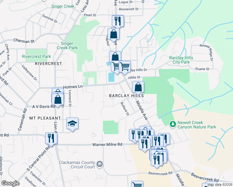 map of restaurants, bars, coffee shops, grocery stores, and more near 620 Holmes Lane in Oregon City