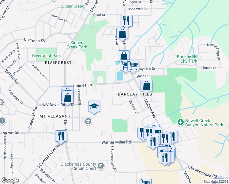 map of restaurants, bars, coffee shops, grocery stores, and more near 590 Holmes Lane in Oregon City