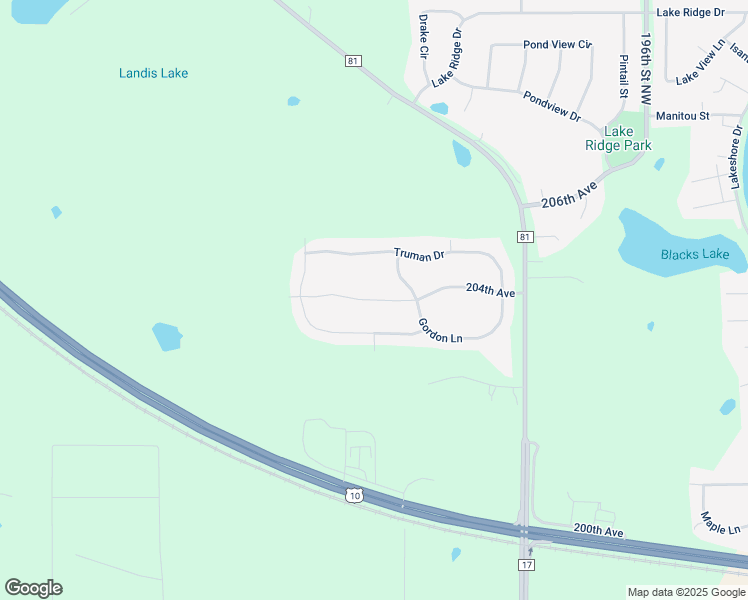 map of restaurants, bars, coffee shops, grocery stores, and more near 20093 204th Avenue in Big Lake