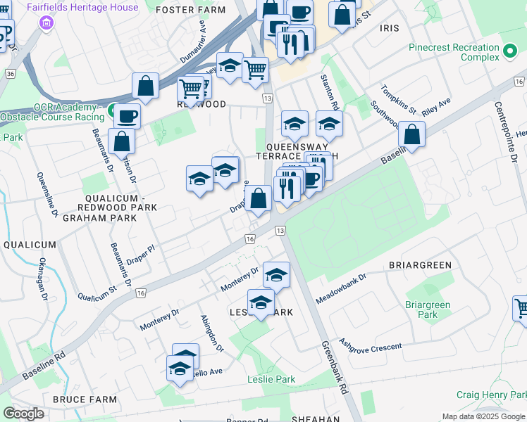 map of restaurants, bars, coffee shops, grocery stores, and more near 2610 Draper Avenue in Ottawa